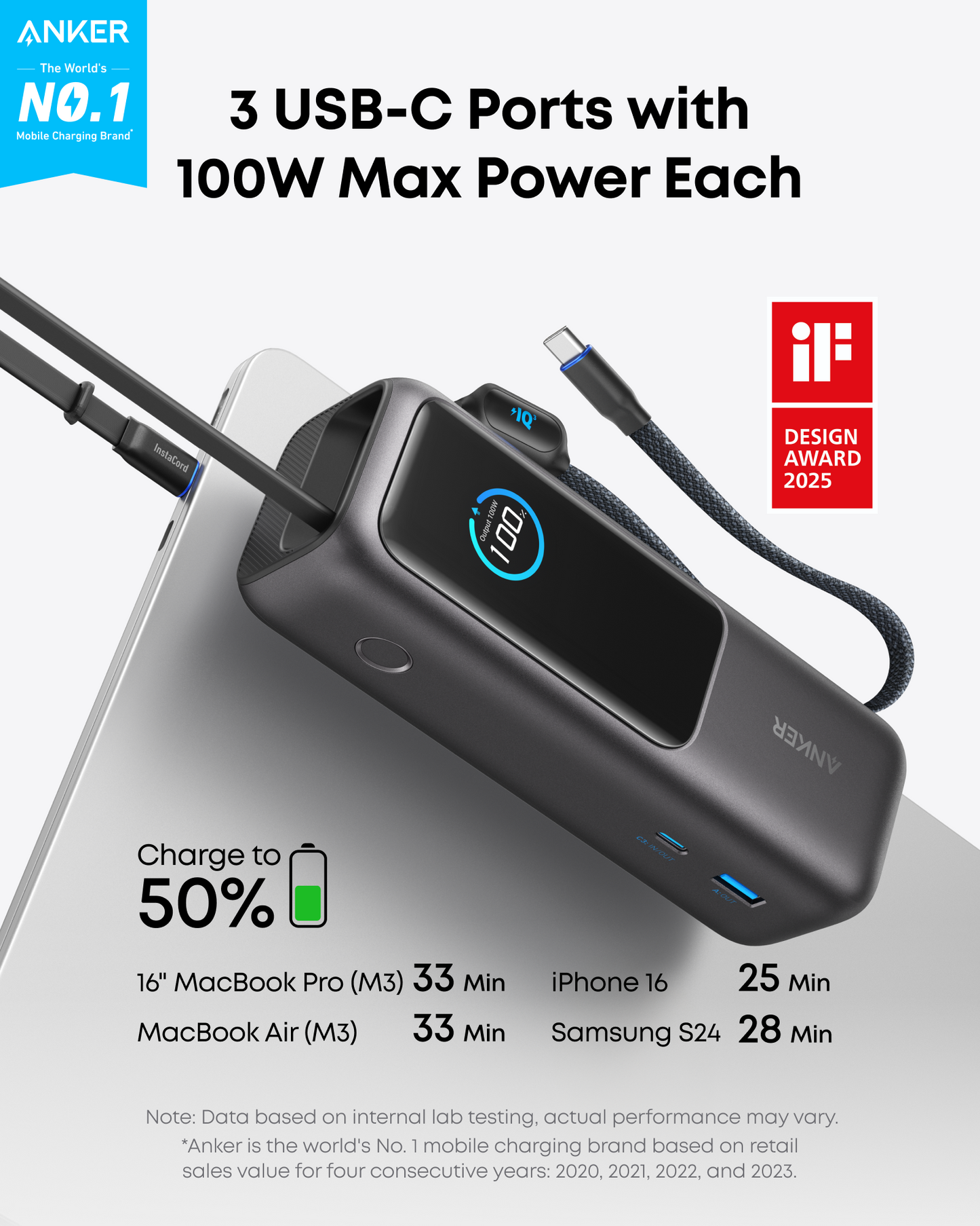 Anker Laptop Power Bank (25K, 165W, Built-In and Retractable Cables) + Liberty 4 NC | True-Wireless Noise Cancelling Earbuds