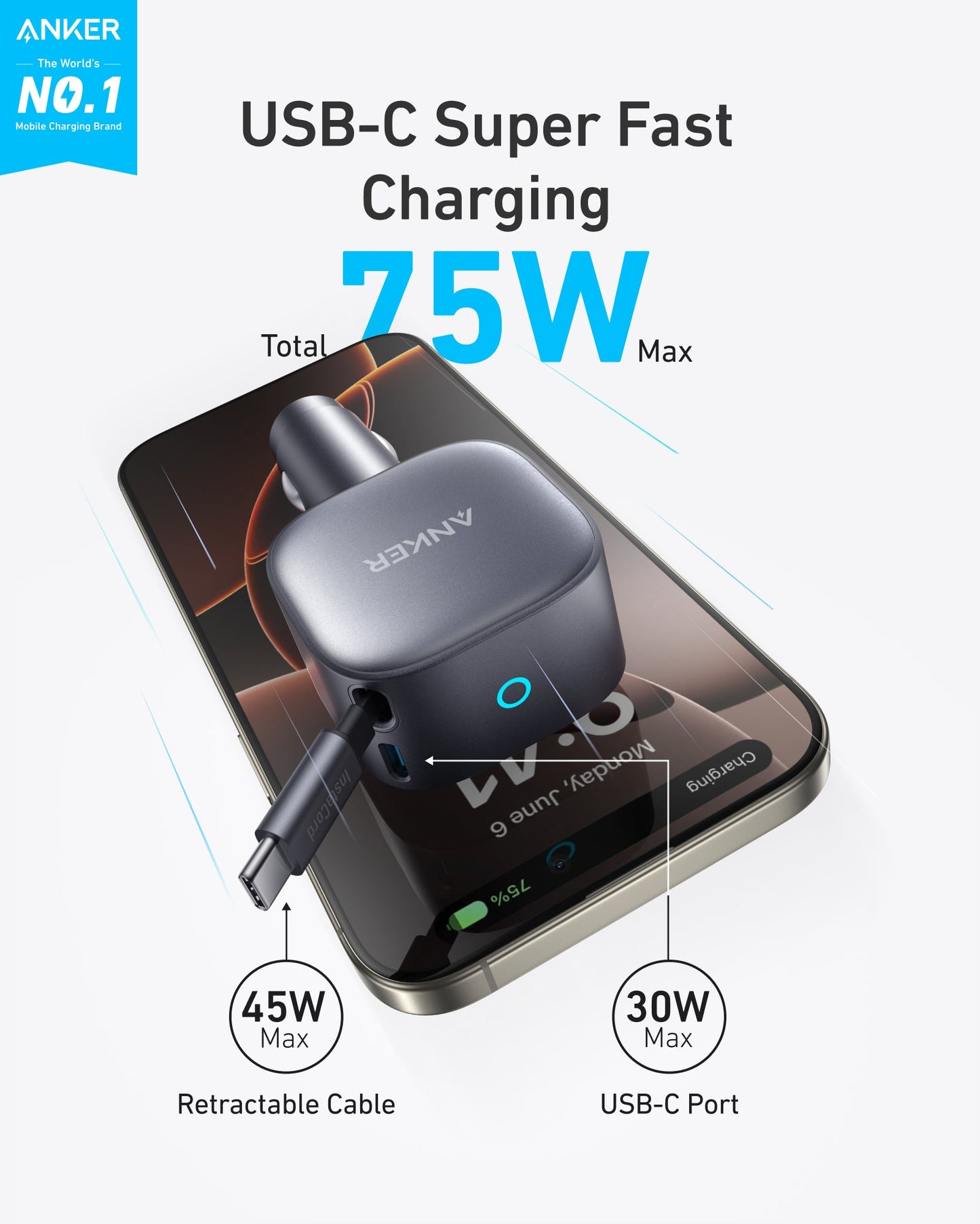 Anker USB-C Car Charger(75W Max Ultra-Compact Type-C Fast Car Charger with Built-In Retractable Cable)