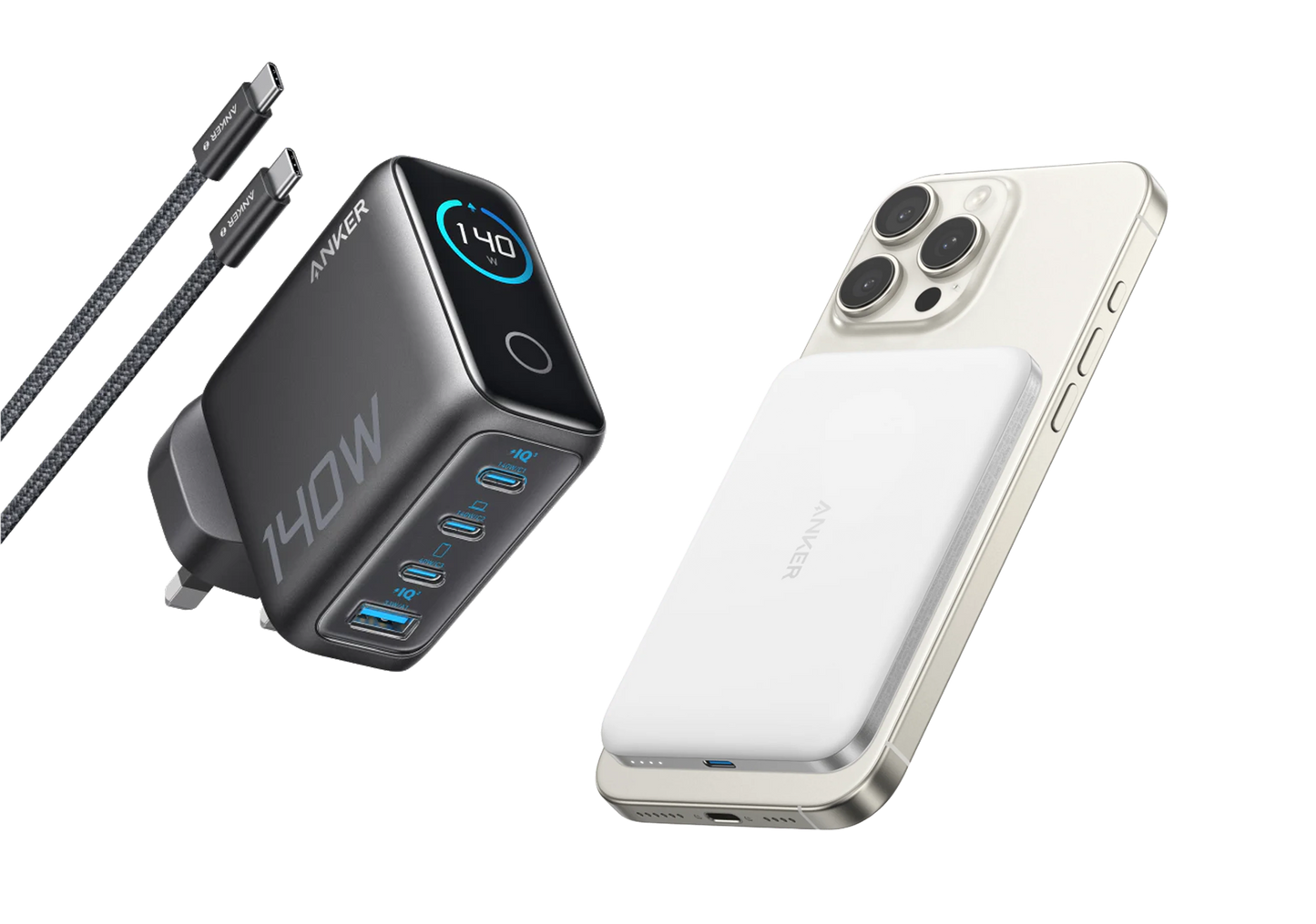 Anker Laptop Charger (140W, 4-Port, PD 3.1) with USB-C Cable + Anker Nano Power Bank (5K, MagGo, Slim)