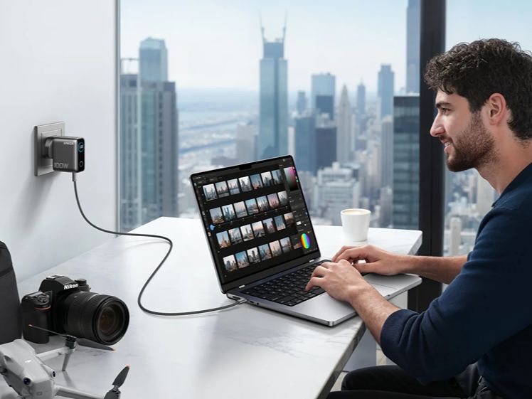 MacBook charging at a desk