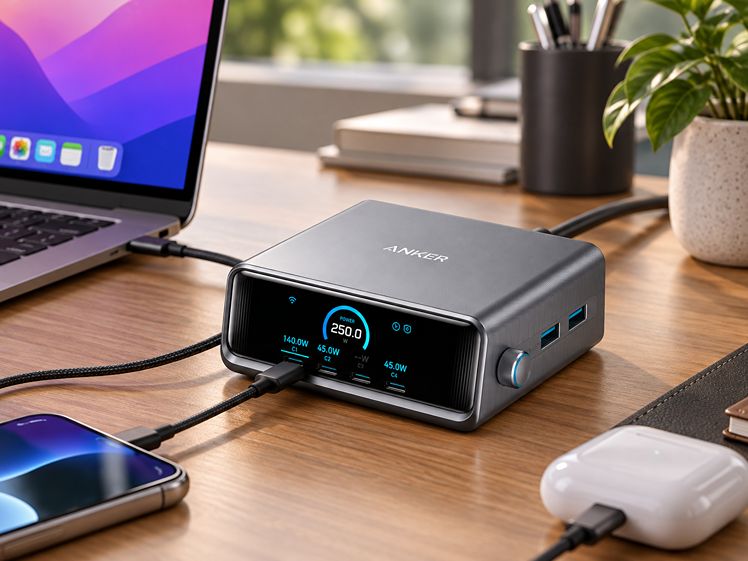 Anker 250W charger powering a MacBook and multiple devices