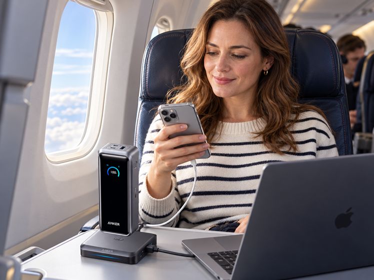 British woman using an Anker charger on an airplane