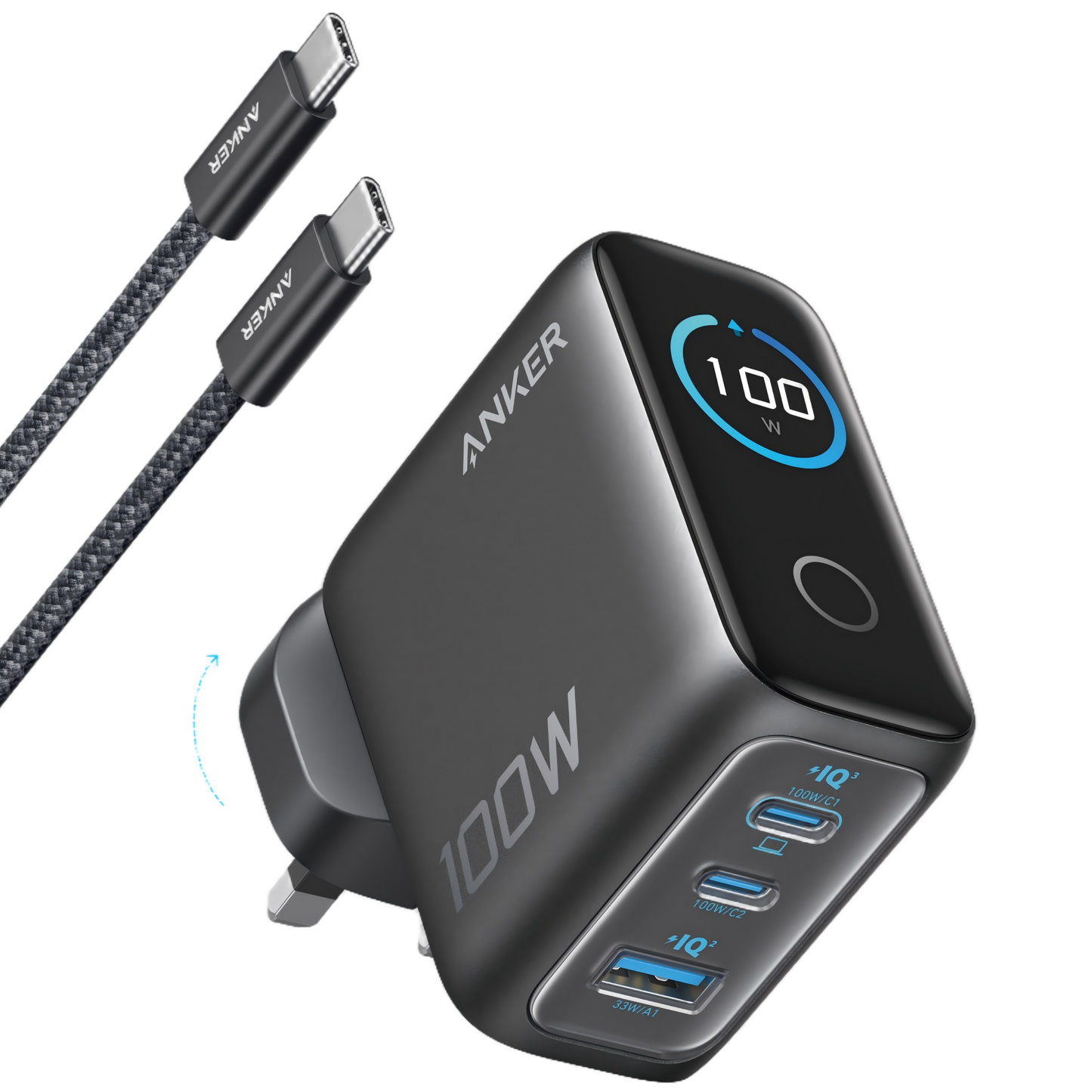 Anker Charger (100W, 3 Ports, Smart Display)