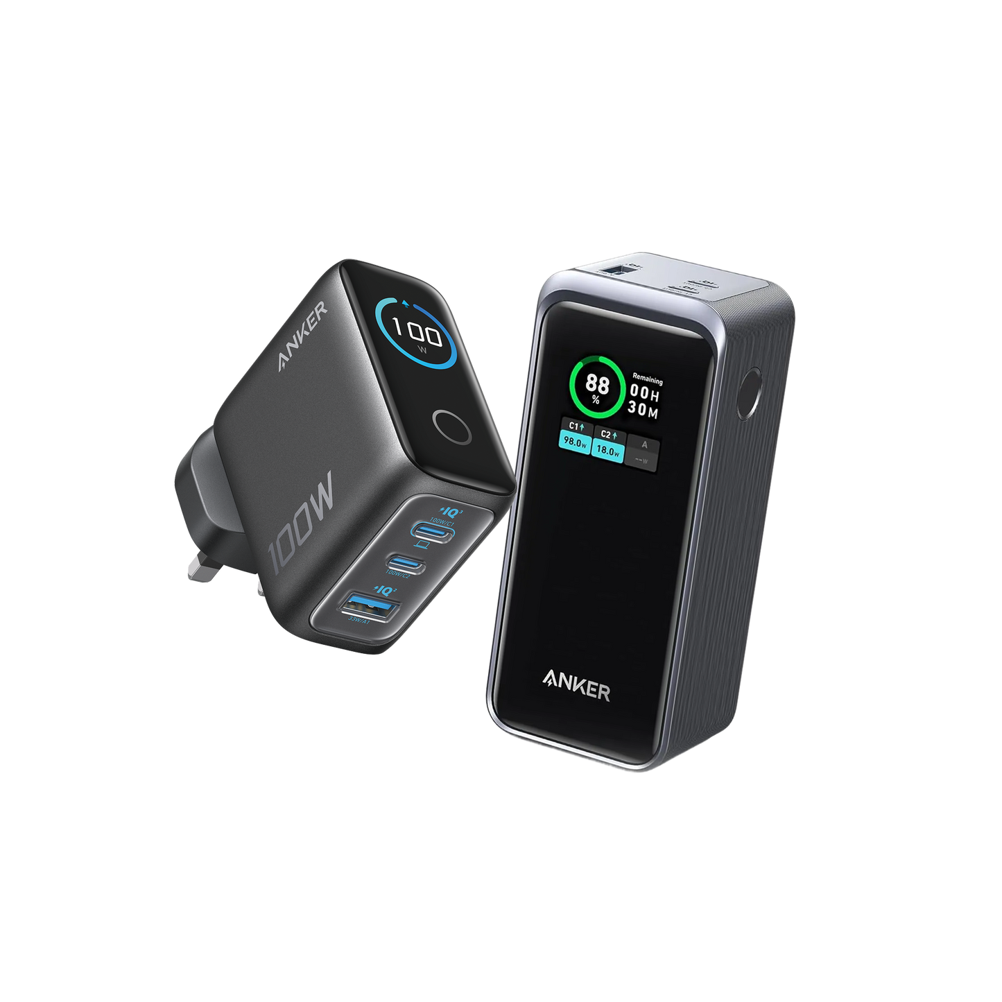 Anker Charger (100W, 3 Ports, Smart Display) + Anker Prime 20,000mAh Power Bank (200W)