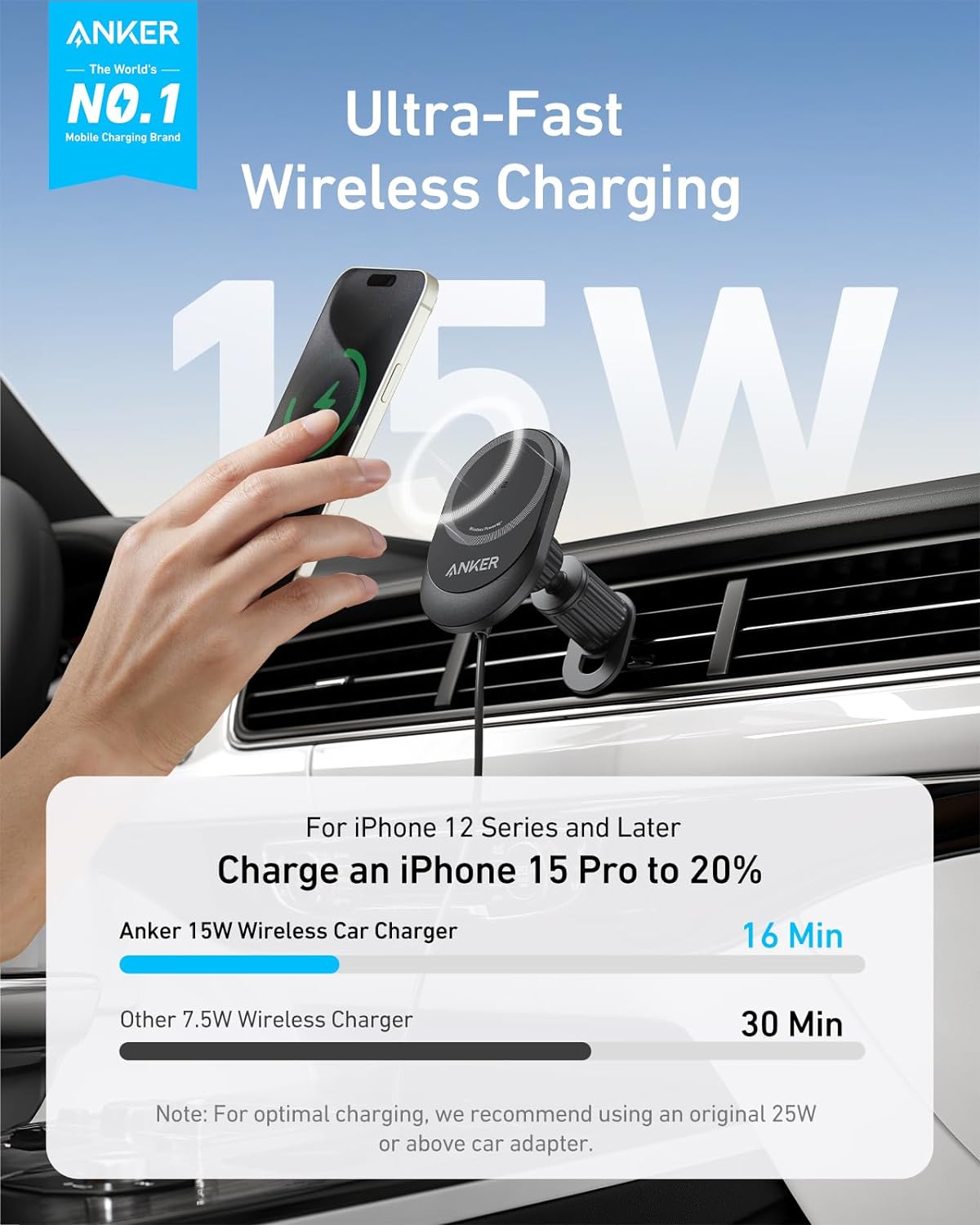 Anker MagGo Wireless Car Charger (Pad, Built-In USB-C Cable)