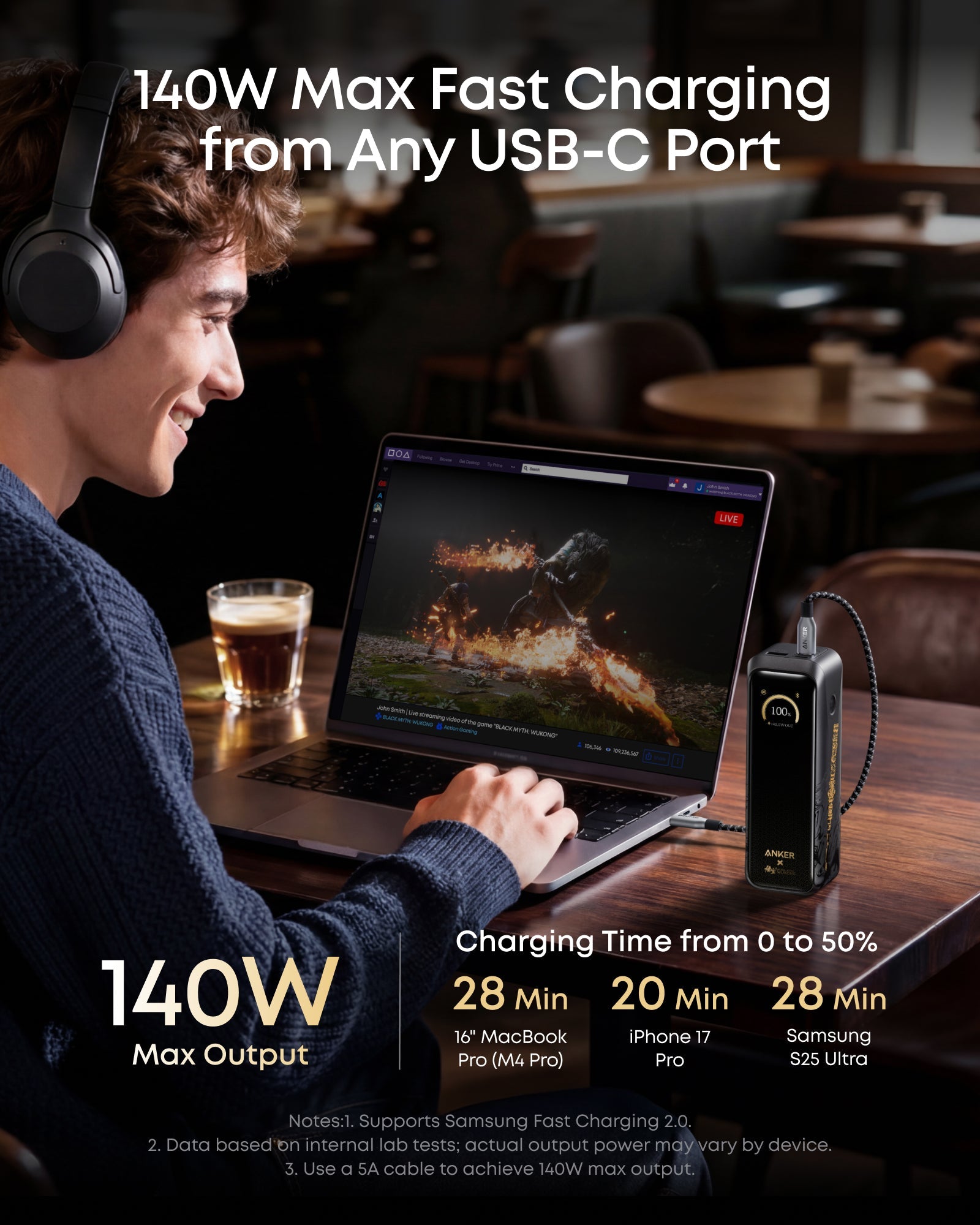 Anker with 140W fast charging powering MacBook for USB-C port