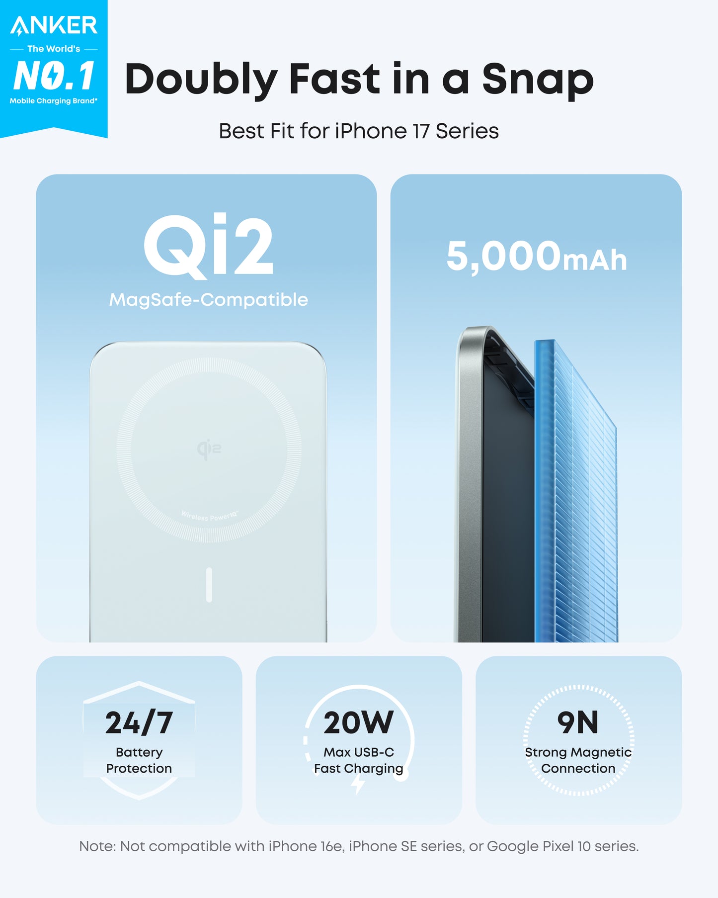 Anker Nano Power Bank, 5,000mAh Wireless Charger, Ultra-Slim, 15W Fast Charging