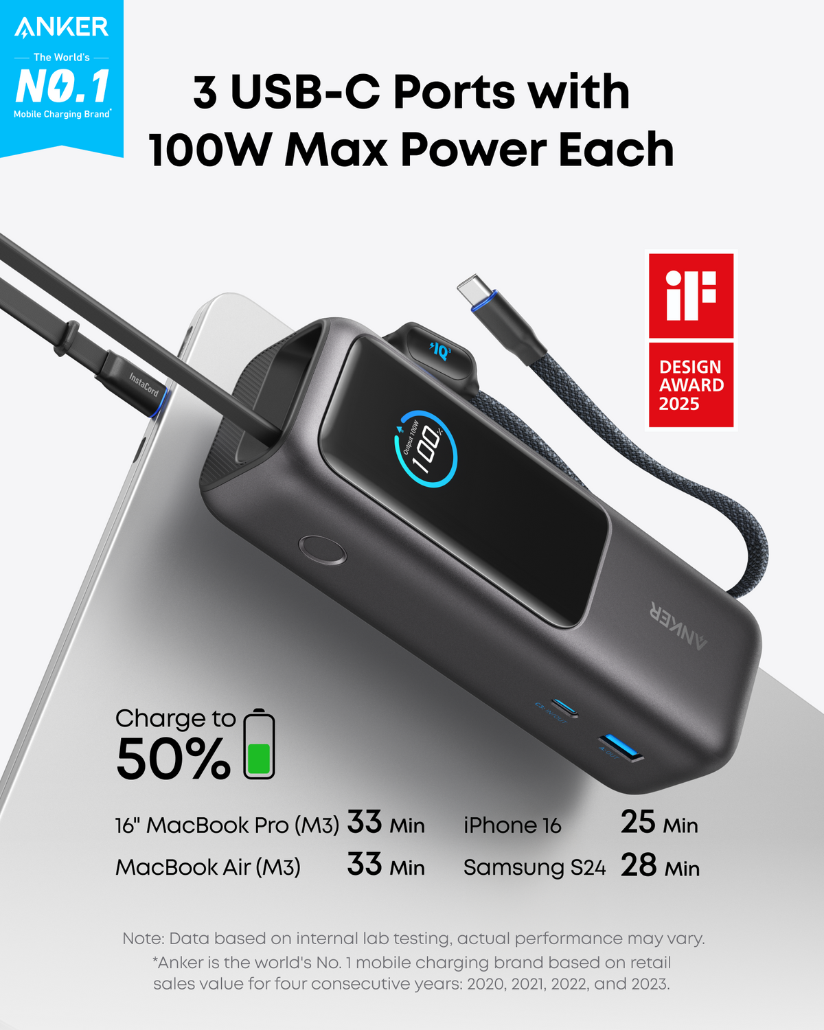 Anker Laptop Power Bank (25K, 165W, Built-In and Retractable Cables)