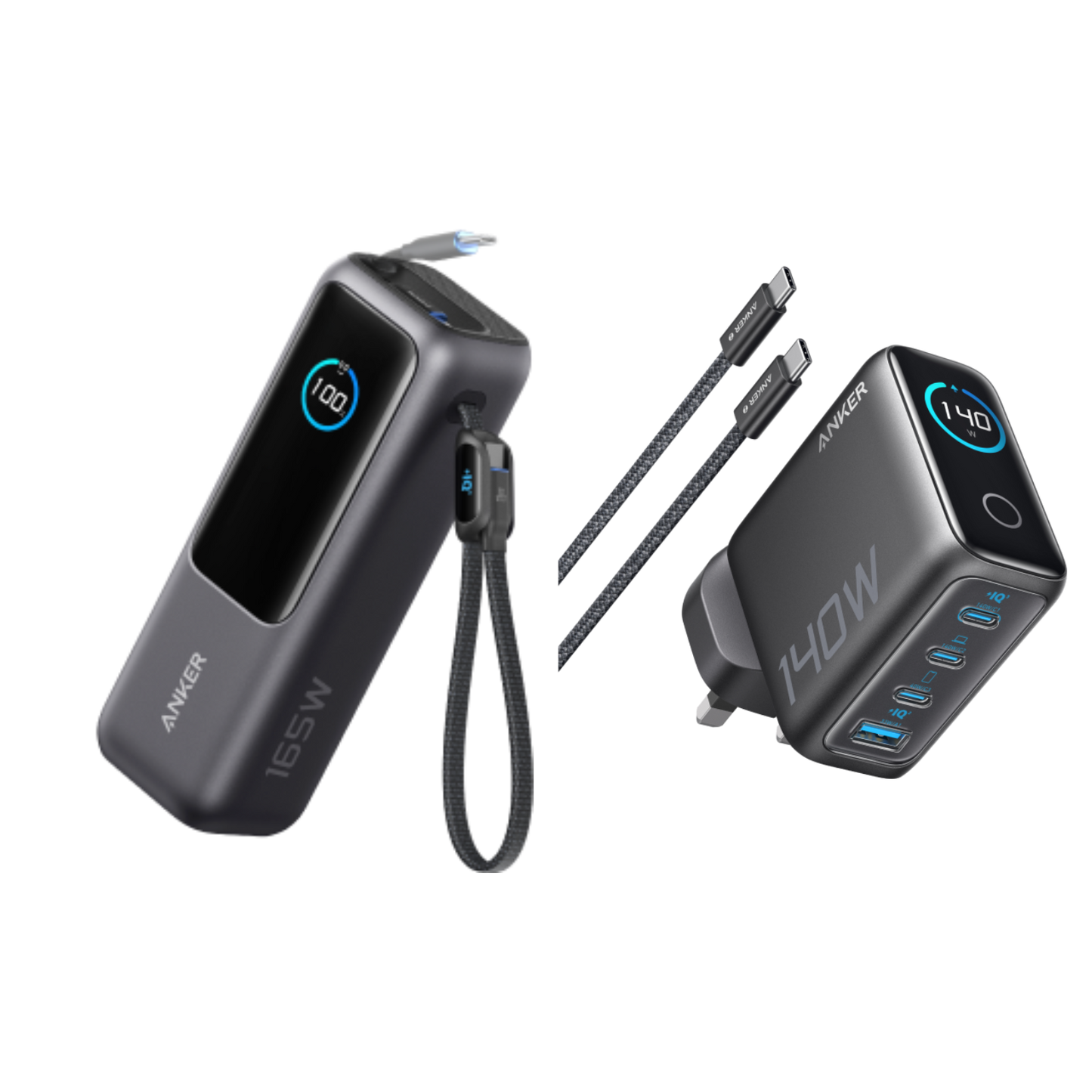 Anker Laptop Power Bank (25K, 165W, Built-In and Retractable Cables) and Charger (140W, 4-Port, PD 3.1) with USB-C Cable