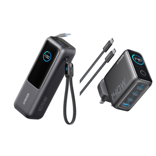 Anker Laptop Power Bank (25K, 165W, Built-In and Retractable Cables) and Charger (140W, 4-Port, PD 3.1) with USB-C Cable