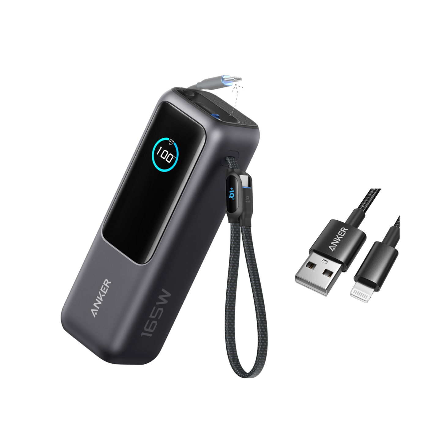 Anker Laptop Power Bank (25K, 165W, Built-In and Retractable Cables) and USB-A to Lightning Cable (Nylon)
