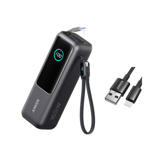 Anker Laptop Power Bank (25K, 165W, Built-In and Retractable Cables) and USB-A to Lightning Cable (Nylon)