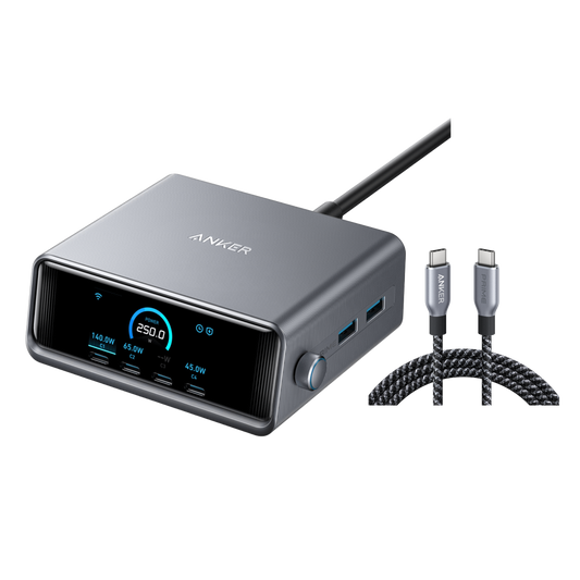 Anker Prime Charger (250W, 6 Ports, GaNPrime) and USB-C to USB-C Cable (240W, Upcycled-Braided)