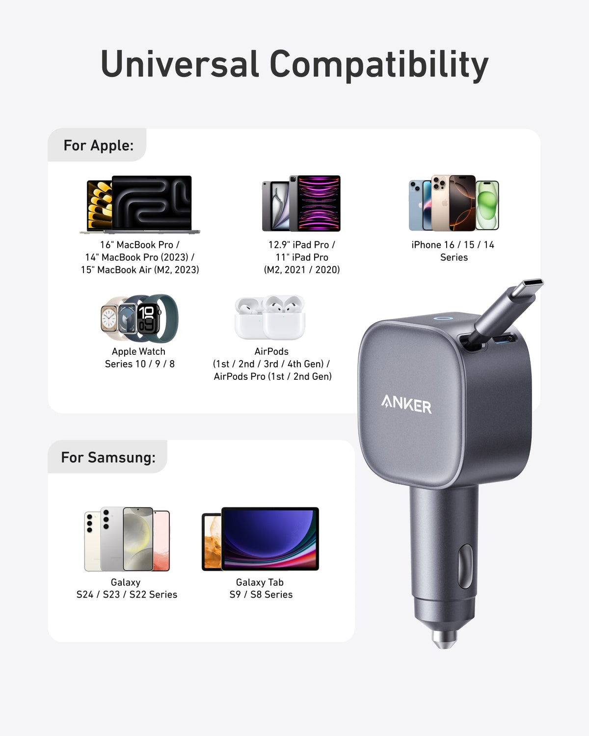 Anker USB-C Car Charger(75W Max Ultra-Compact Type-C Fast Car Charger with Built-In Retractable Cable, Car Adapter for iPhone 16/15/14 Series, MacBook Pro/Air iPad, Galaxy, AirPods, and More)