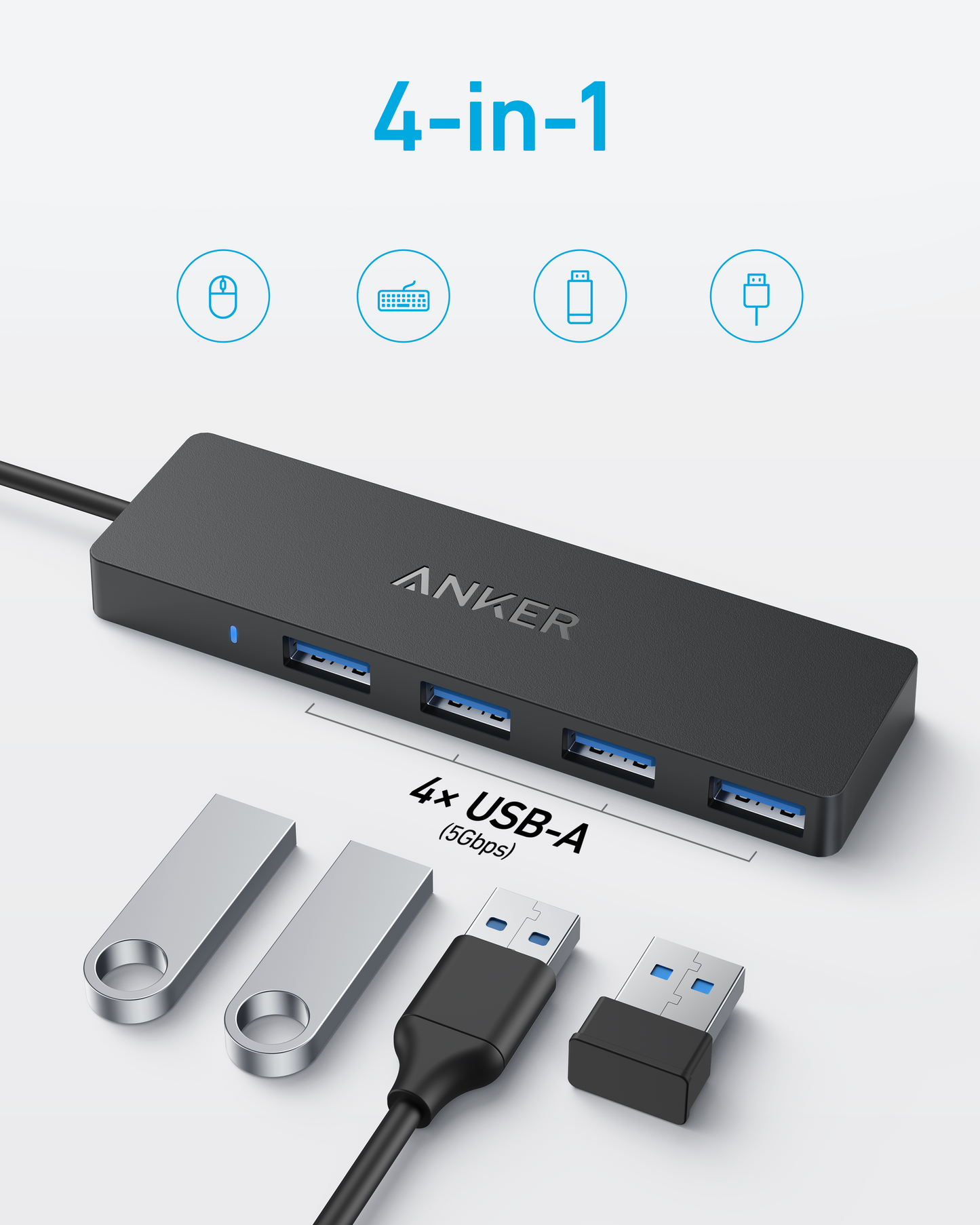 Anker 4-Port USB 3.0 Data Hub, Ultra-Slim 5Gbps USB-C OTG Hub with 2 ft Extended Cable