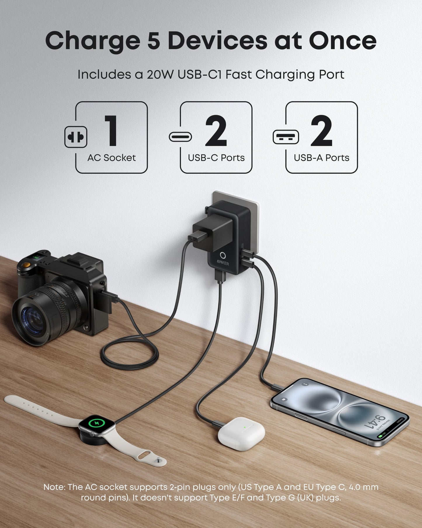 Anker Nano Travel Adapter (5-in-1, 20W, 1-Pack)