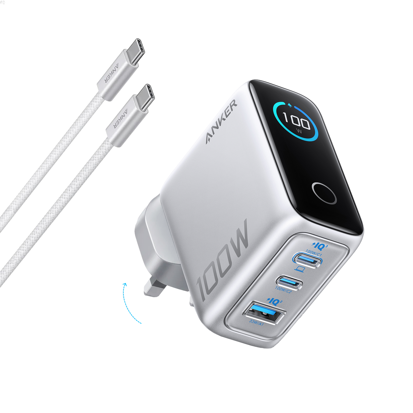 Anker Charger (100W, 3 Ports, Smart Display)