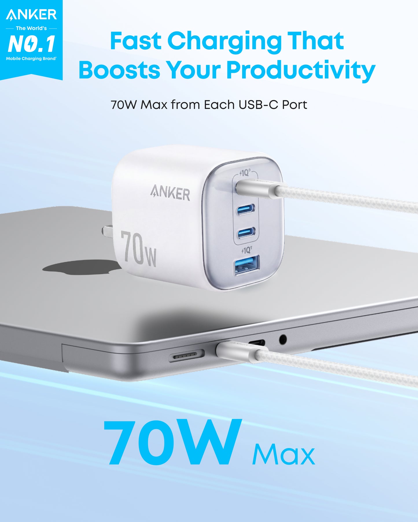 Anker Zolo Charger, 4-Port Folable Wall Adapter with Ultra-Fast 70W Output