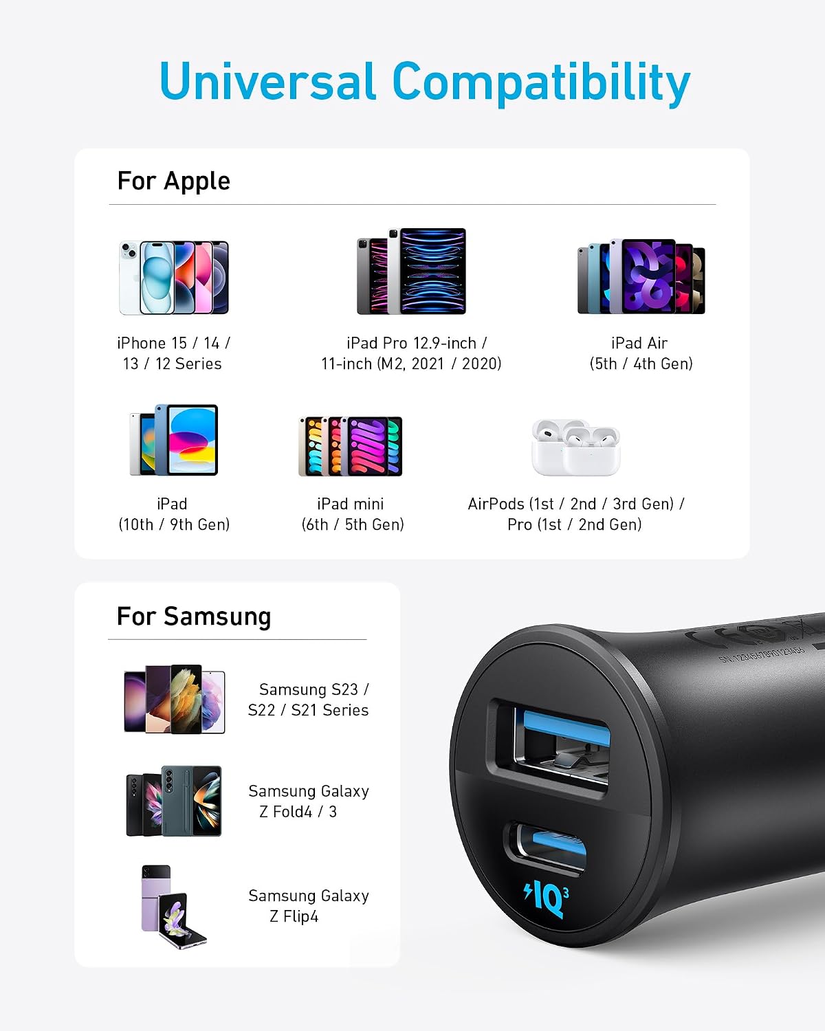 Anker 30W 2-Port USB C Car Adapter with PowerIQ 3.0