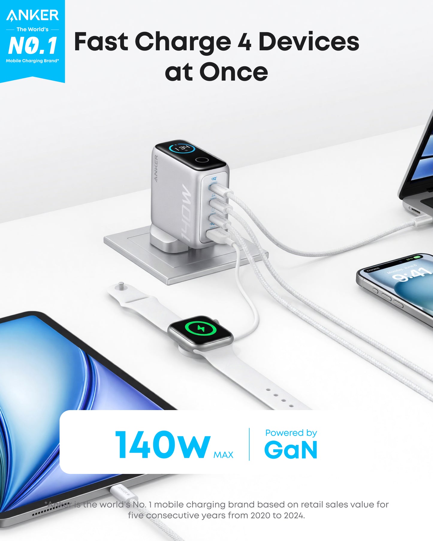 Anker Laptop Charger (140W, 4-Port, PD 3.1) with USB-C Cable