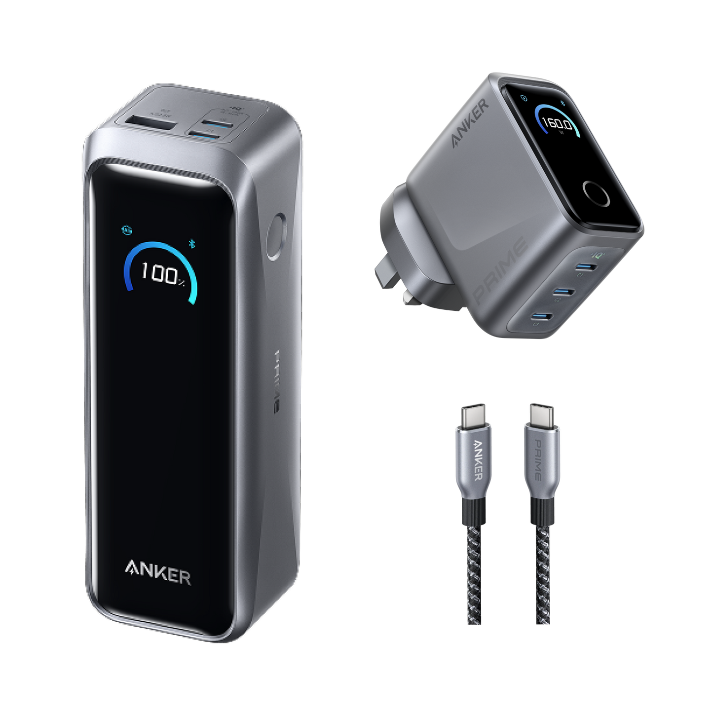 Anker Prime Power Bank (20K, 220W) and Prime Charger (160W, 3 Ports, Smart Display)