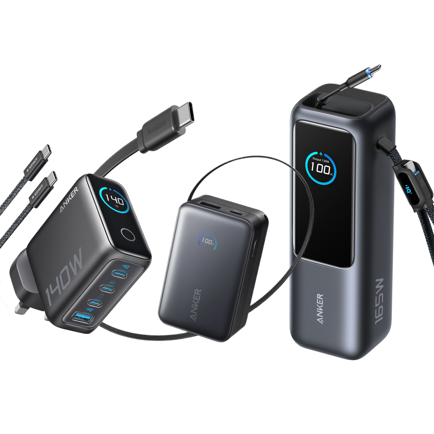 Anker Laptop Power Bank (25K, 165W, Retractable Cables) + Anker Laptop Charger (140W, 4-Port, PD 3.1) + Anker Nano Power Bank (10K, 45W, Retractable Cable)