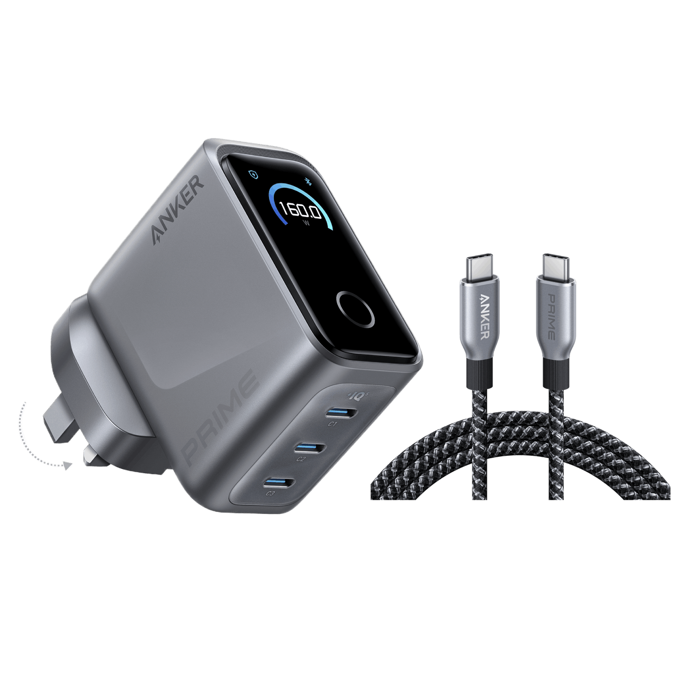 Anker Prime Charger (160W, 3 Ports, Smart Display) with Anker Prime USB-C to USB-C Cable (6 ft)