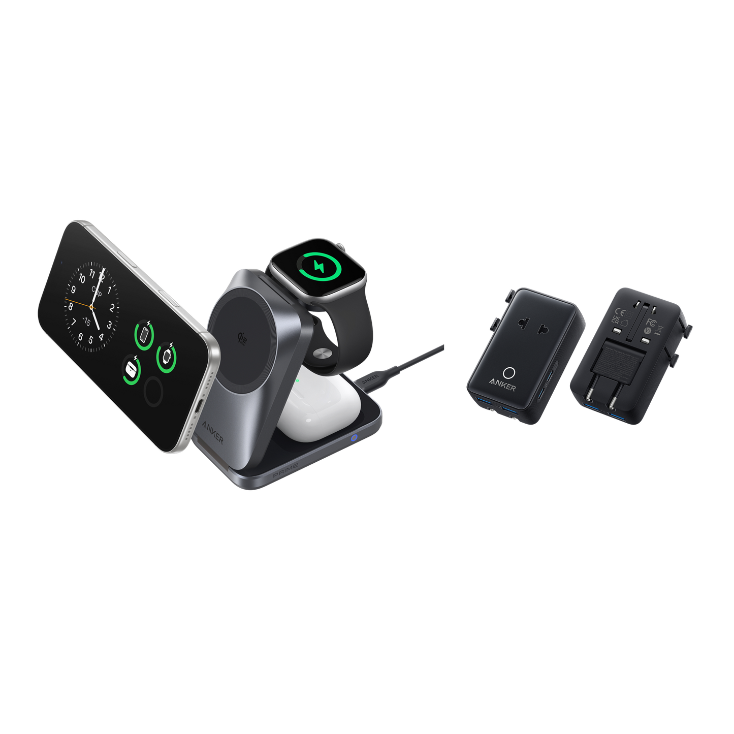 Anker Prime Wireless Charging Station (3-in-1, MagGo, AirCool, Foldable) + Anker Nano Travel Adapter (5-in-1, 20W)