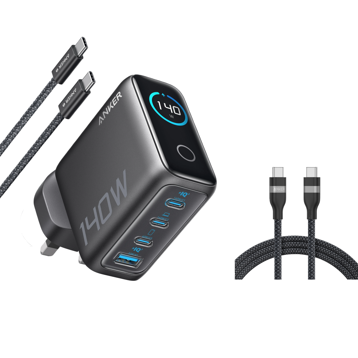 Anker Laptop Charger (140W, 4-Port, PD 3.1) + Extra USB-C to USB-C Cable (240W, 6ft)