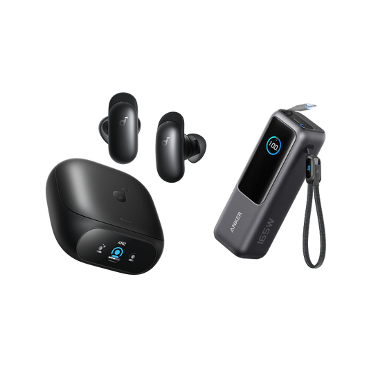 soundcore Liberty 5 Pro | Noise Cancelling Earbuds for Clear Calls and Anker Laptop Power Bank (25K, 165W, Built-In and Retractable Cables)
