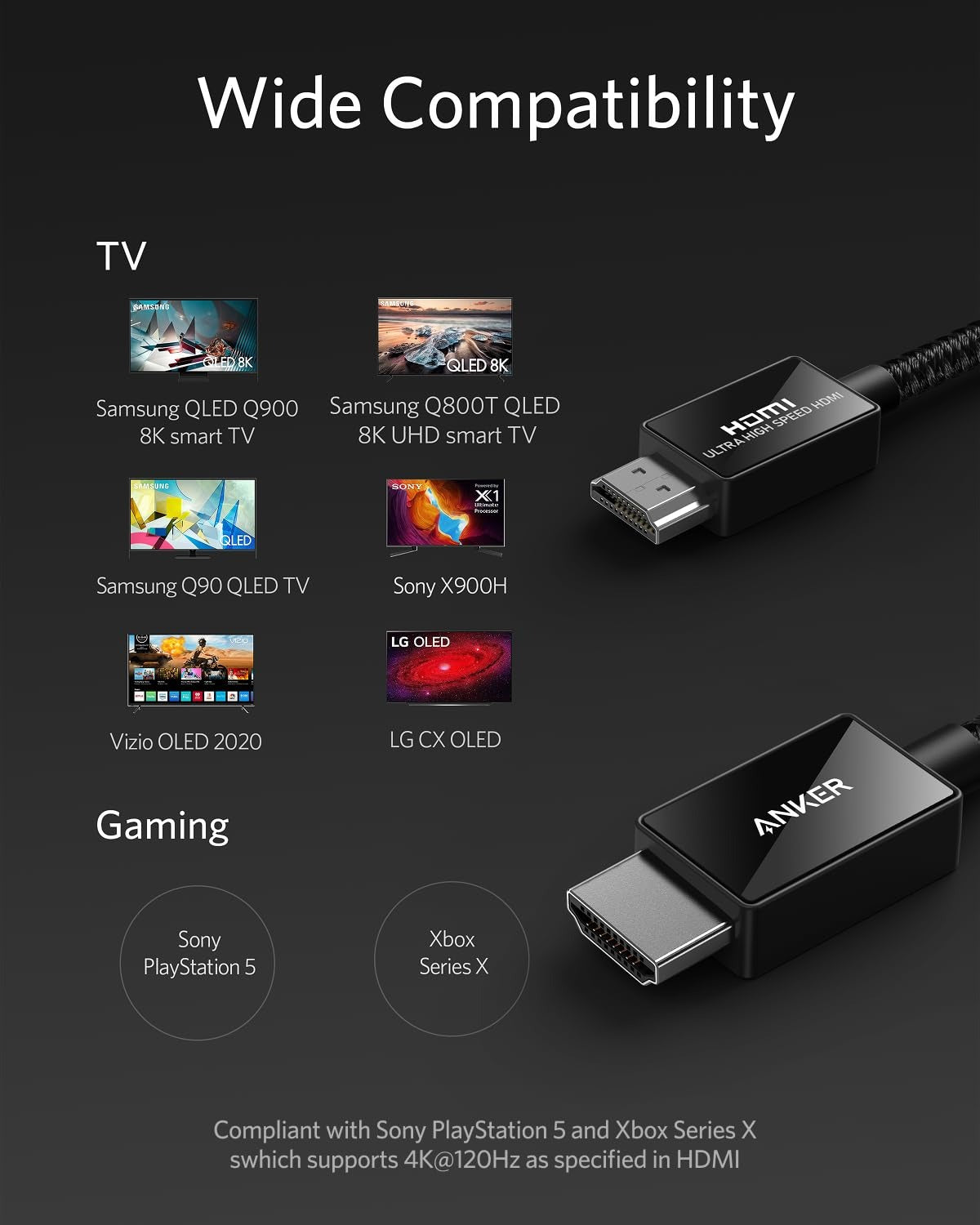 Anker 8K@60Hz HDMI Cable, Ultra High Speed 4K@120Hz 48Gbps 6.6 ft Ultra HD HDMI to HDMI Cord