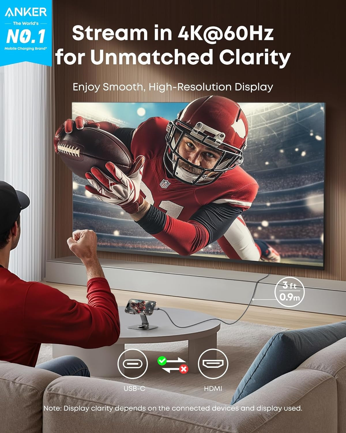 Anker HDMI Cable, 4K@60Hz Ultra-Fast Nylon-Braided USBC to HDMI Cord with Advanced Shielding, Thunderbolt 5/4/3